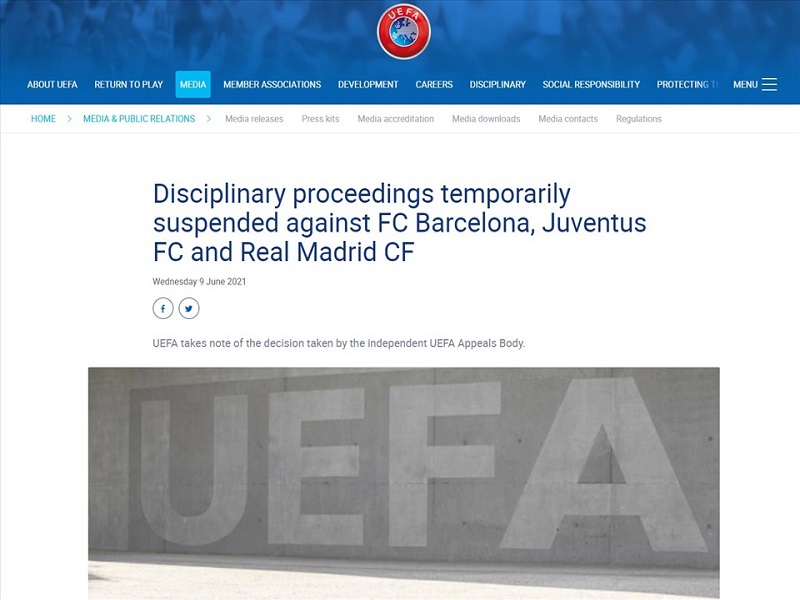 UEFA ngừng kiện Real Madrid, Barça và Juventus