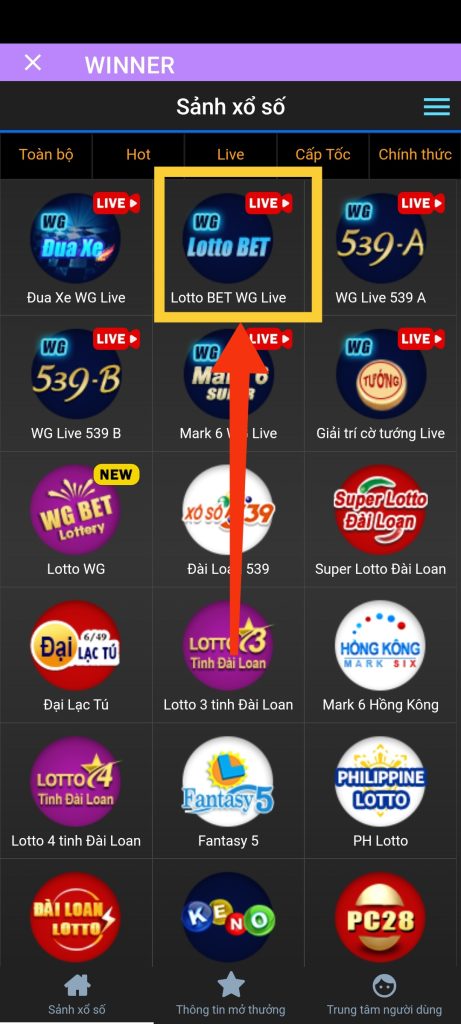 Chọn game Lotto Bet WG Live Winbet trong danh mục Xổ Số